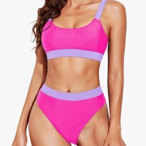 Tempt Me Medium Pink Purple Two Piece High Waisted Bikini Swimsuits with Bottoms